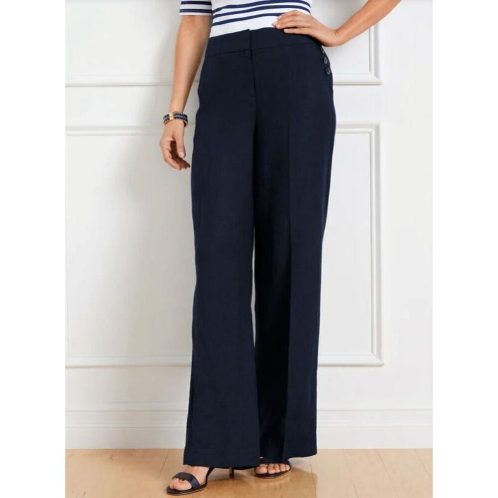 Talbots Greenwich Linen Pant Womens 4 Petite Navy Blue Wide Leg Career Casual